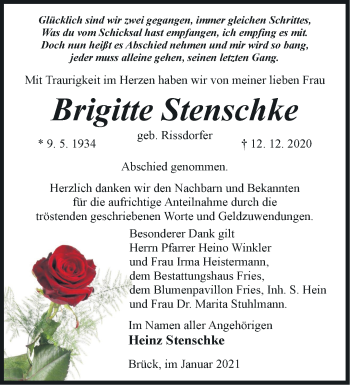 Traueranzeige von Brigitte Stenschke von Märkische Oderzeitung