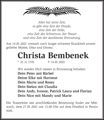 Traueranzeige von Christa Bembenek von Märkische Oderzeitung