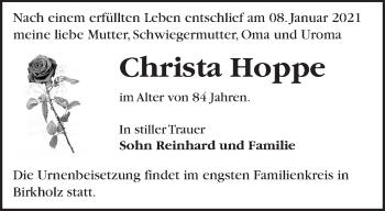 Traueranzeige von Christa Hoppe von Märkische Oderzeitung