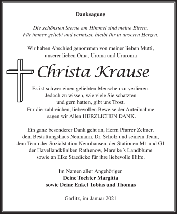 Traueranzeige von Christa Krause von Märkische Oderzeitung