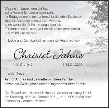 Traueranzeige von Christel Jahne von Märkische Oderzeitung