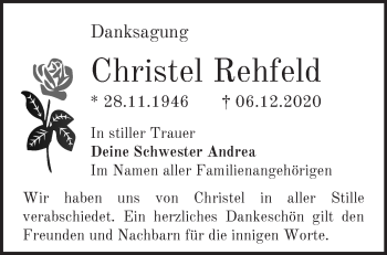 Traueranzeige von Christel Rehfeld von Märkische Oderzeitung