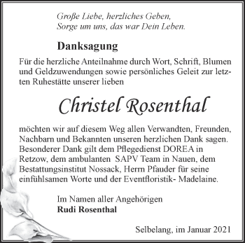 Traueranzeige von Christel Rosenthal von Märkische Oderzeitung