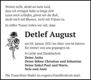 Traueranzeige von Detlef August von Märkische Oderzeitung