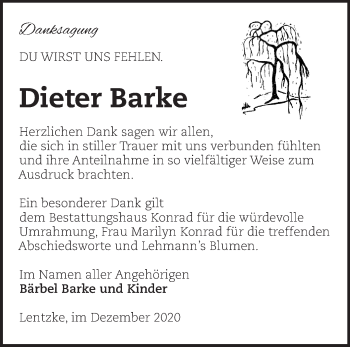 Traueranzeige von Dieter Barke von Märkische Oderzeitung