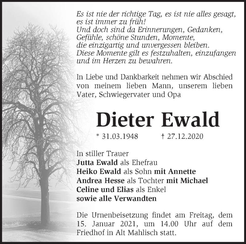  Traueranzeige für Dieter Ewald vom 09.01.2021 aus Märkische Oderzeitung