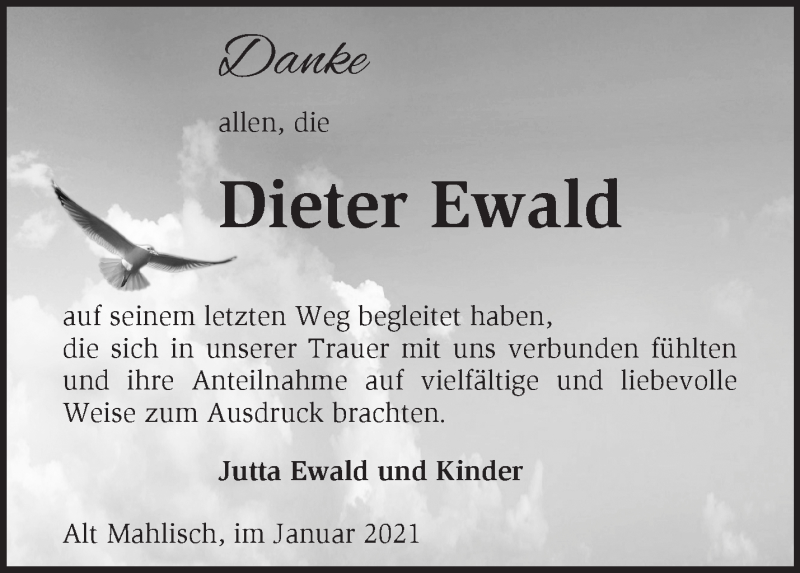  Traueranzeige für Dieter Ewald vom 30.01.2021 aus Märkische Oderzeitung