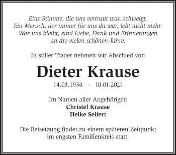 Traueranzeige von Dieter Krause von Märkische Oderzeitung