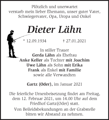 Traueranzeige von Dieter Lähn von Märkische Oderzeitung