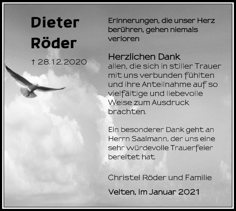  Traueranzeige für Dieter Röder vom 23.01.2021 aus Märkische Oderzeitung