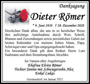 Traueranzeige von Dieter Römer von Märkische Oderzeitung