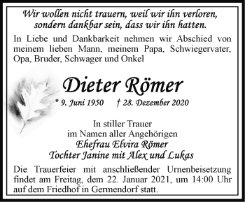 Traueranzeige von Dieter Römer von Märkische Oderzeitung