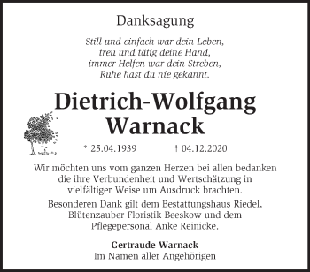 Traueranzeige von Dietrich-Wolfgang Warnack von Märkische Oderzeitung