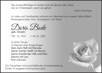 Traueranzeige von Doris Bode von Märkische Oderzeitung