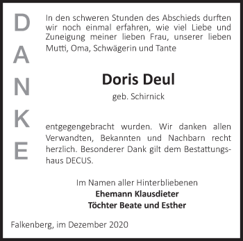 Traueranzeige von Doris Deul von Märkische Oderzeitung