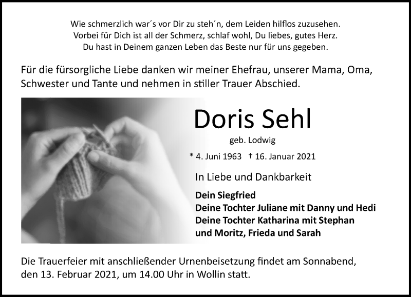  Traueranzeige für Doris Sehl vom 31.01.2021 aus Märkische Oderzeitung