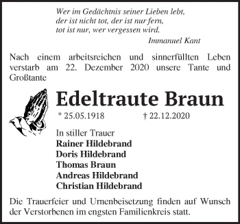 Traueranzeige von Edeltraute Braun von Märkische Oderzeitung