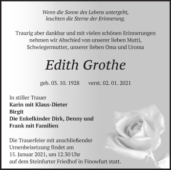 Traueranzeige von Edith Grothe von Märkische Oderzeitung