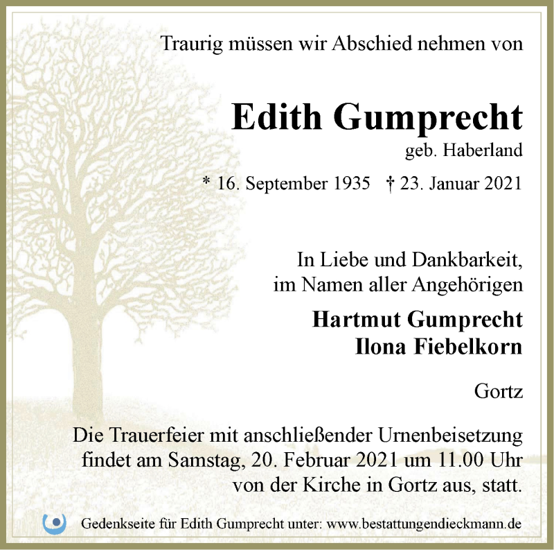  Traueranzeige für Edith Gumprecht vom 31.01.2021 aus Märkische Oderzeitung