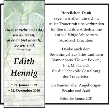 Traueranzeige von Edith Hennig von Märkische Oderzeitung