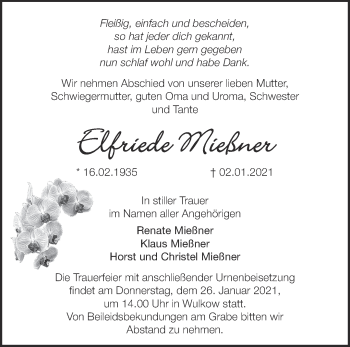 Traueranzeige von Elfriede Mießner von Märkische Oderzeitung