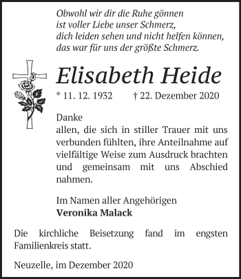 Traueranzeige von Elisabeth Heide von Märkische Oderzeitung