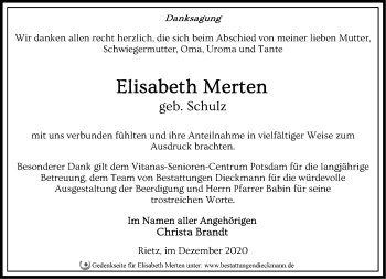 Traueranzeige von Elisabeth Merten von Märkische Oderzeitung