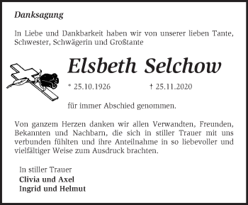 Traueranzeige von Elsbeth Selchow von Märkische Oderzeitung