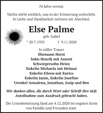 Traueranzeige von Else Palme von Märkische Oderzeitung