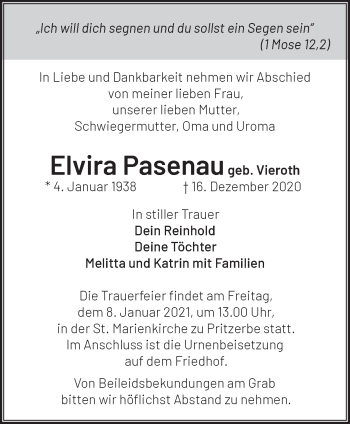 Traueranzeige von Elvira Pasenau von Märkische Oderzeitung