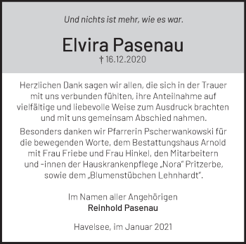 Traueranzeige von Elvira Pasenau von Märkische Oderzeitung