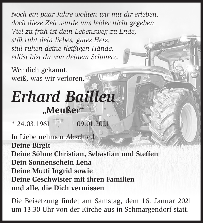  Traueranzeige für Erhard Bailleu vom 13.01.2021 aus Märkische Oderzeitung