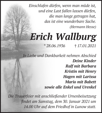 Traueranzeige von Erich Wallburg von Märkische Oderzeitung