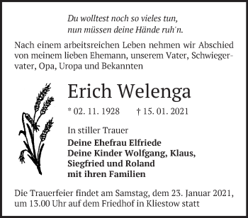 Traueranzeige von Erich Welenga von Märkische Oderzeitung