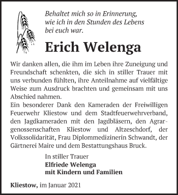 Traueranzeige von Erich Welenga von Märkische Oderzeitung