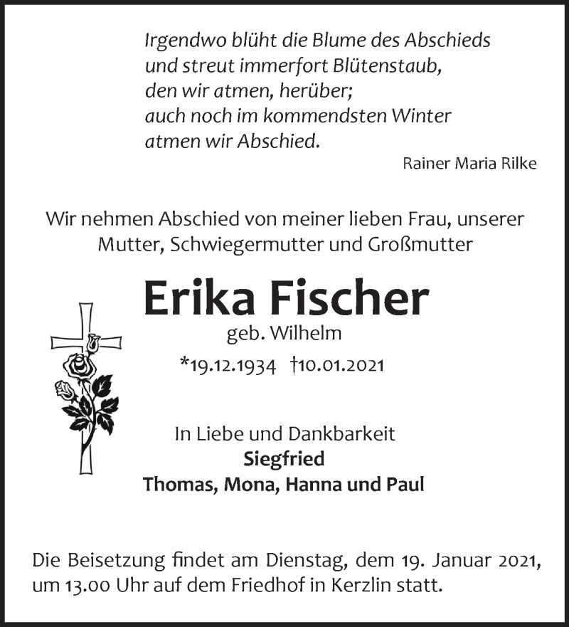  Traueranzeige für Erika Fischer vom 13.01.2021 aus Märkische Oderzeitung