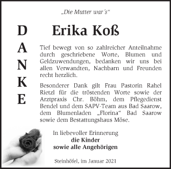 Traueranzeige von Erika Koß von Märkische Oderzeitung