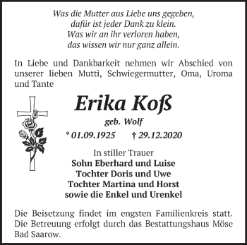 Traueranzeige von Erika Koß von Märkische Oderzeitung