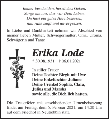 Traueranzeige von Erika Lode von Märkische Oderzeitung