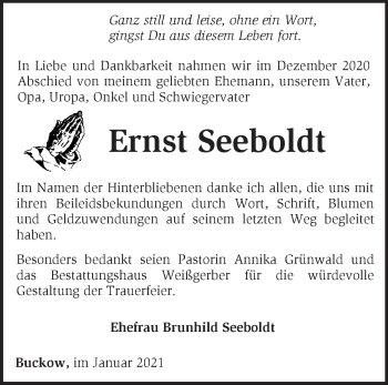 Traueranzeige von Ernst Seeboldt von Märkische Oderzeitung