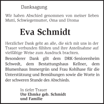 Traueranzeige von Eva Schmidt von Märkische Oderzeitung