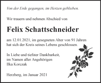 Traueranzeige von Felix Schattschneider von Märkische Oderzeitung