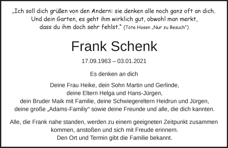  Traueranzeige für Frank Schenk vom 16.01.2021 aus Märkische Oderzeitung