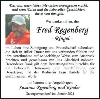 Traueranzeige von Fred Regenberg von Märkische Oderzeitung