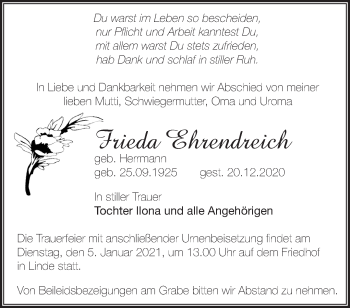 Traueranzeige von Frieda Ehrendreich von Märkische Oderzeitung