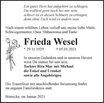 Traueranzeige von Frieda Wesel von Märkische Oderzeitung