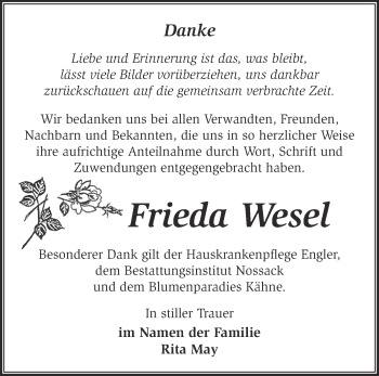 Traueranzeige von Frieda Wesel von Märkische Oderzeitung