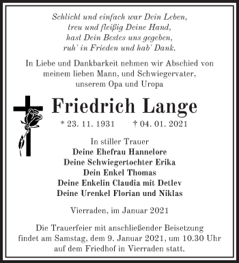 Traueranzeige von Friedrich Lange von Märkische Oderzeitung