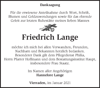 Traueranzeige von Friedrich Lange von Märkische Oderzeitung