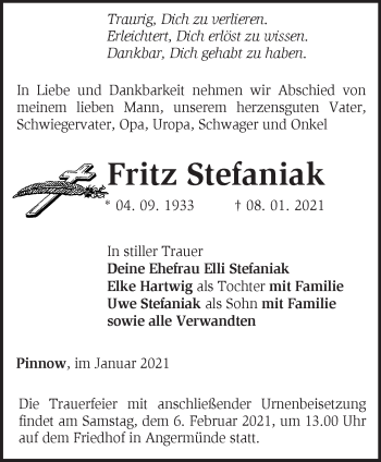 Traueranzeige von Fritz Stefaniak von Märkische Oderzeitung